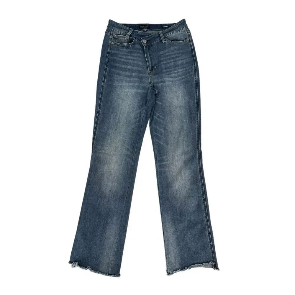Judy Blue Buttercup Dad Jeans High Rise Distressed Raw Hem Medium Wash Size 7/28